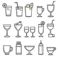Assortment of Cocktail and Beverage Glasses Outlined on White Background