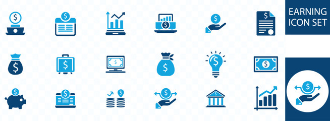  EARNING  icon set. Containing money, tax, earnings, payment, accounting, paycheck, work, pension and wages icons. Solid icon collection. Vector illustration