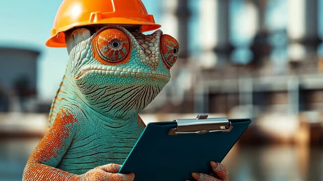 Cartoon lizard wearing a hard hat and holding a clipboard. The lizard is looking at the camera with a serious expression