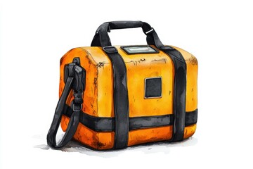 Naklejka premium A vibrant orange first aid kit with a black strap, essential for emergencies and safety. Perfect for healthcare and travel.