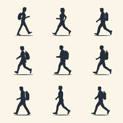 Naklejka premium Walking people silhouettes with backpacks, vector illustration, travel, sport.
