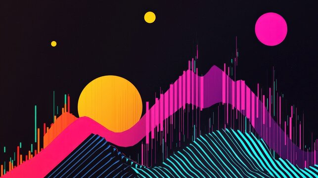 A colorful, abstract painting of mountains and planets