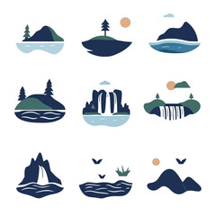 Stylized Nature Scene Set: Landscapes, Islands, Waterfalls, Minimalist Design