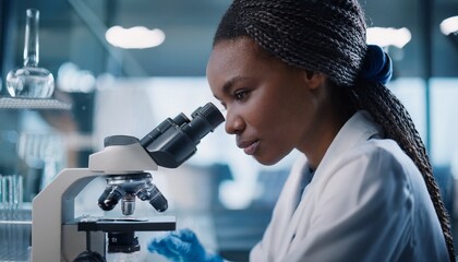 female dark-skinned scientist looking through microscope