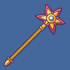 Fantasy magic wand vector with star and gemstone, A vector illustration of a fantasy magic wand with a star-shaped design, golden accents, and a central gemstone, symbolizing magic and power.
