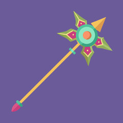 Colorful fantasy magic staff vector, A vector illustration of a colorful fantasy magic staff with geometric shapes and vibrant details, symbolizing magic and power.
