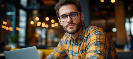 Fototapeta premium Portrait of a Confident Young Man Working on Laptop in a Trendy Cafe, Enjoying the Cozy Atmosphere
