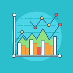 Fototapeta premium Bar chart with trendline and growth graph vector, A vector illustration of a bar chart with a trendline and growth graph, set against a turquoise background. 