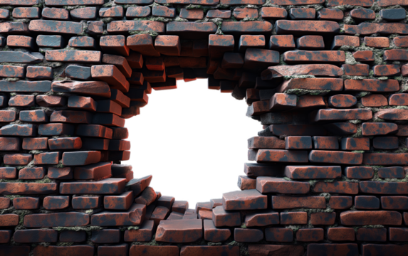 A large hole in a red brick wall revealing a white background. Concept of breaking barriers, destruction, and opportunities