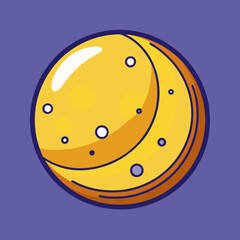 Yellow moon vector with crescent and craters, A vector illustration of the moon in a crescent shape with a yellow surface and visible craters, set against a purple background.
