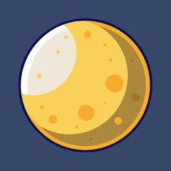 Moon vector with yellow surface and crescent shape, A vector illustration of the moon with a yellow surface, showing a crescent shape and visible craters, set against a dark blue background.

