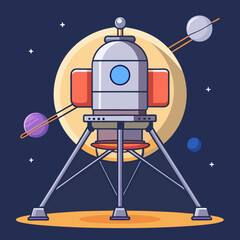 Lunar lander vector with colorful planets and stars, A vector illustration of a lunar lander on the moon with colorful planets, stars, and a yellow moon in the background.  © PixelArtBox