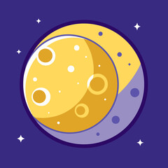 Moon vector with yellow and purple half design, A vector illustration of the moon with a yellow and purple half design, featuring craters, set against a purple background with stars.
