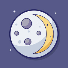 Moon vector with crescent and craters design, A vector illustration of the moon with a crescent shape and craters, set against a dark purple background with stars.
