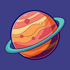 Jupiter planet vector with turquoise ring, A vector illustration of Jupiter planet with orange and red stripes, featuring a turquoise ring and a dark purple background.
