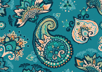 Seamless paisley pattern in Oriental style with floral and ethnic motifs for printed fabric, wallpaper, and packaging
