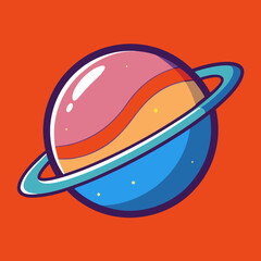 Colorful cartoon planet with rings vector, A vector illustration of a colorful cartoon planet with a pink and orange striped design, surrounded by a blue ring.
