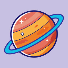 Cartoon planet with rings vector illustration, A vector illustration of a cartoon planet with orange and yellow stripes, surrounded by a blue ring and stars.
