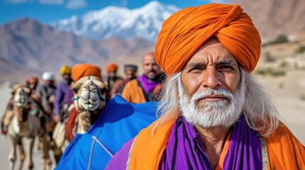 A group of colorful Indian nomadic figures leading camels across the Sahara Desert