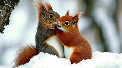 Two squirrels are cuddling in the snow. The scene is peaceful and heartwarming. The snow-covered ground and the red and gray squirrels create a beautiful contrast