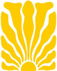 Wavy yellow rays. Sunburst, sunrise or sunset vertical poster. Groovy happy hippie sun background. Summer theme wallpaper. Modern psychedelic print. Positive vibes design. Vector flat illustration.