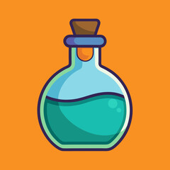 Vector Laboratory Flask with Blue Green Liquid, Vector illustration of a laboratory flask filled with blue-green liquid, topped with a cork stopper, and set against an orange background.
