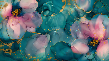 Alcohol ink artwork with thin gold or silver leafing, blending pink and blue hues to create a stunning abstract composition.