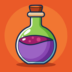 Vector Laboratory Flask with Purple and Green Liquid, Vector illustration of a laboratory flask containing purple and green liquids, with a cork stopper, set against an orange background.
