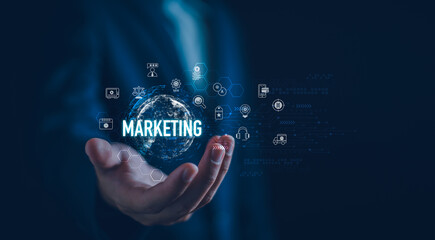 Digital marketing business concept, businessman with Ecommerce market strategy, SEO, advertising plan, AI technology analysis economic trend