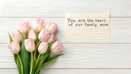 Elegant Mother's Day tulip bouquet with a handwritten love note and copy space for custom text