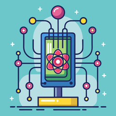 Quantum computer vector illustration with atomic elements, A colorful vector illustration of a quantum computer with connected lines, atomic symbols, and energy elements, set against a teal background