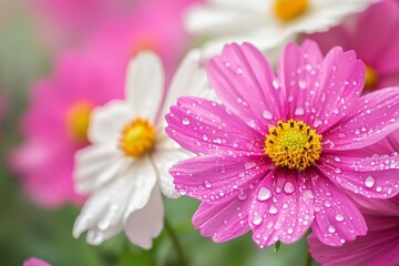Obraz premium Close up of pink and white cosmos flowers with yellow centers and raindrops in a garden setting