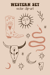 A set of moon western bundle bull scull elements in magic cowgirl boot and snake fairytale style. Vector illustration clip-art