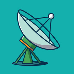 Satellite dish vector illustration on teal background, A vector illustration of a satellite dish with a colorful base and modern design, set against a teal background.
