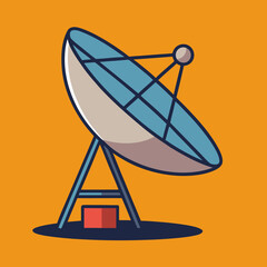 Satellite dish vector illustration on orange background, A vector illustration of a satellite dish with a blue color and a red base on an orange background.
