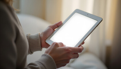 Adult woman using a tablet with a blank screen, Technology