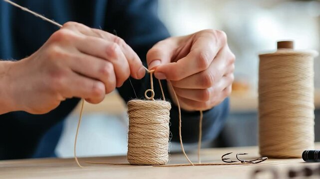 Close-up of hands tying twine around a spool in a cozy workshop with blurred tools in the background