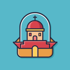 Vector illustration of a church with dome and cross, A vector illustration of a church with a red dome and cross, set within an arch structure, on a blue background.
