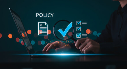 Compliance Audit and Policy Validation concept .Company Association Terms ,regulation rules and Condition ,Practices and policies using checkboxes ,Planning Review monitoring process ,Risk ,Trust .