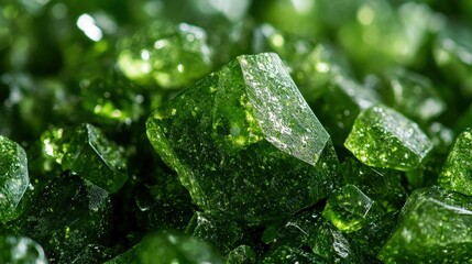 A mesmerizing gem of dark green crystals encased in a shimmering, emerald sheen, cradled by the rugged embrace of natural stone