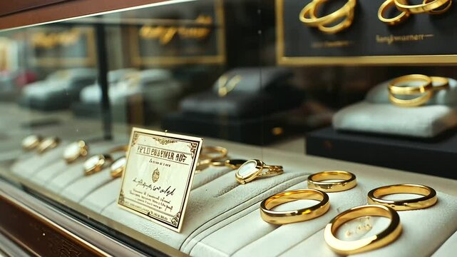 Pawn Shop Window Display with Gold Jewelry and Stock Certificate