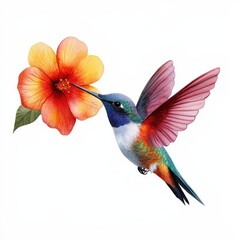 Fototapeta premium A vibrant hummingbird feeding on a colorful flower, showcasing nature's beauty and elegance in a serene setting.