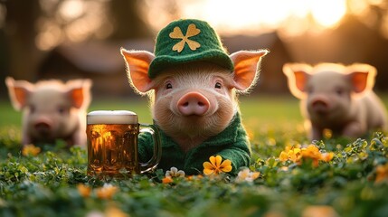 Cute pig dressed as a leprechaun holding a golden mug with a flower in a field of clovers during sunset Generative AI