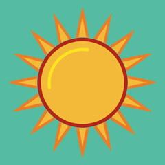 Yellow Sun Vector Illustration with Orange Rays on Green Background, A vibrant vector illustration of a yellow sun with orange rays, set against a green background, symbolizing energy and warmth.
