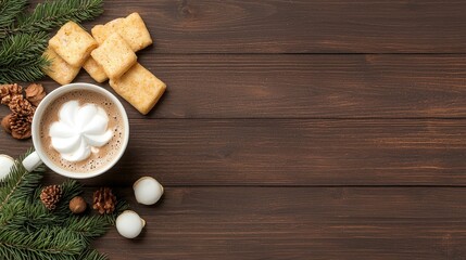 A wooden table with a cup of hot chocolate and a plate of cookies