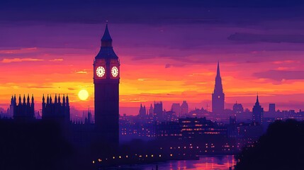A minimalist silhouette of Big Ben, standing tall against a London dusk sky, with the clock hands glowing softly, warm hues of orange and purple blending in the background,