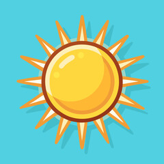 Yellow Sun Vector Illustration with Orange Rays on Blue Background, A cheerful vector illustration of a yellow sun with orange rays, set against a blue background, symbolizing warmth and sunny weather