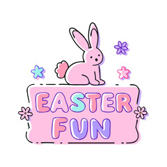 Minimalist vector illustration of a cute bunny sitting on an "Easter Fun" sign with pastel flowers, symbolizing festive joy and holiday celebration. Playful and modern design.