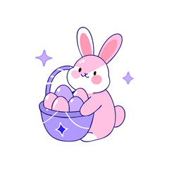 Vector stylized illustration of a cute pink Easter bunny holding a basket full of decorated eggs. Modern, festive, and adorable design.