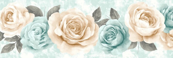 Mint Green Cream Floral Pattern, Watercolor Washed Roses, Tranquil Delicate Summer Invitation